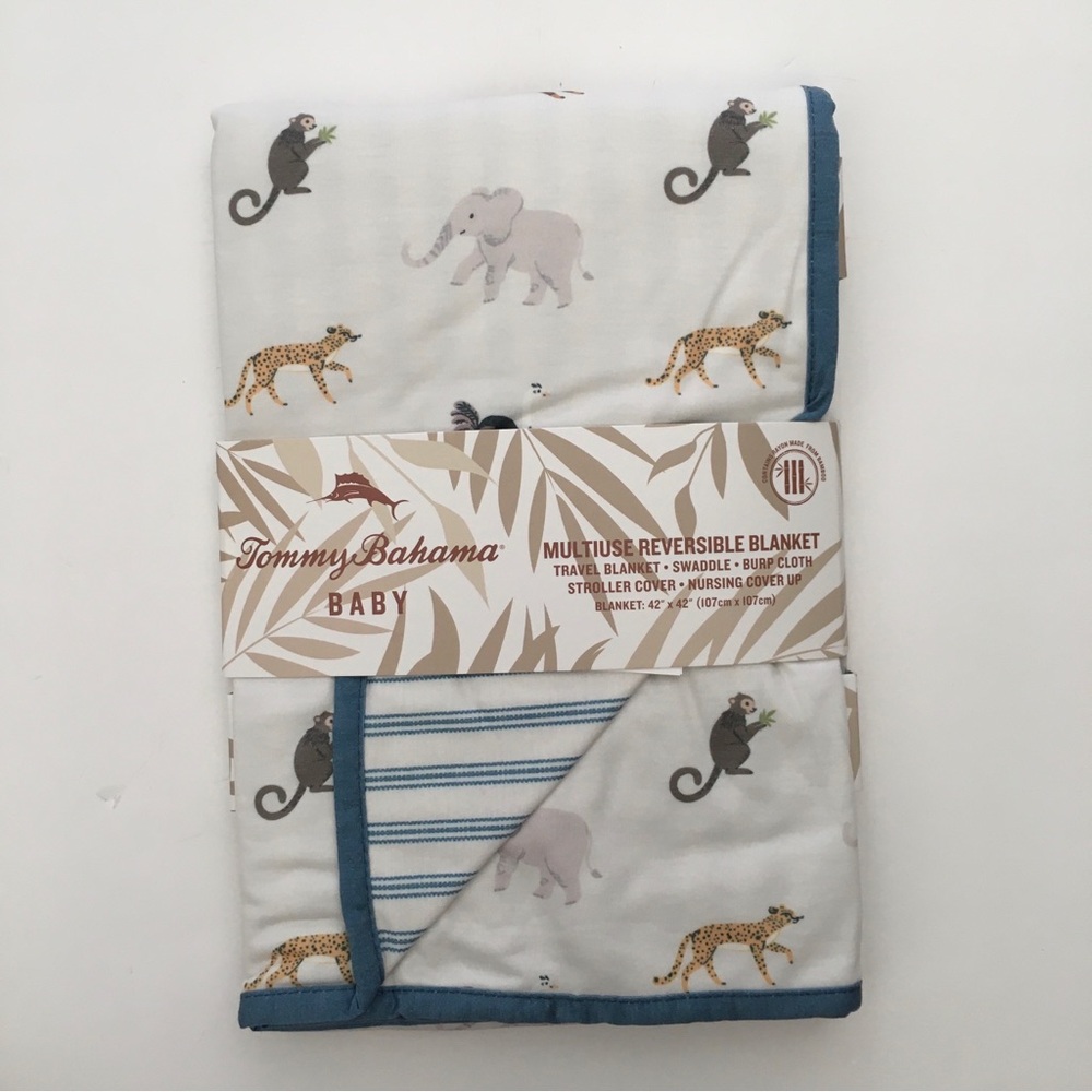 NEW Baby Blanket Tommy Bahama Multi-use Reversible Animal Theme & Stripes